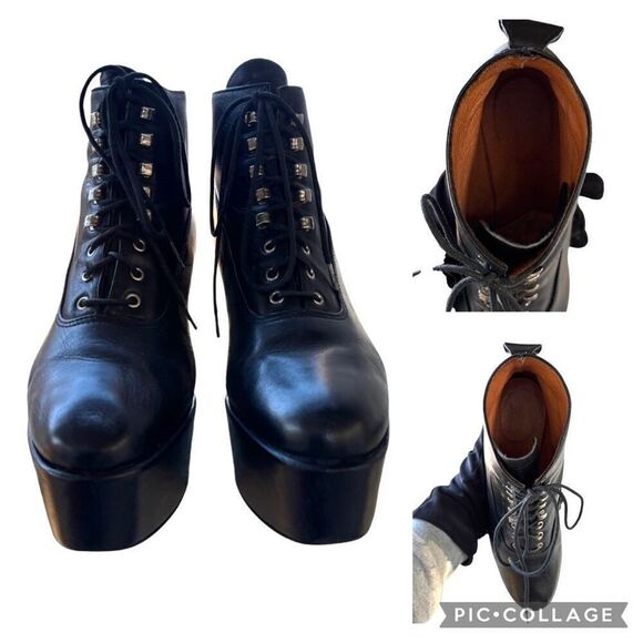 Vintage Platform Flatform Combat Boots Chunky Wedge Black Leather Women’s Size 6 - Picture 7 of 8